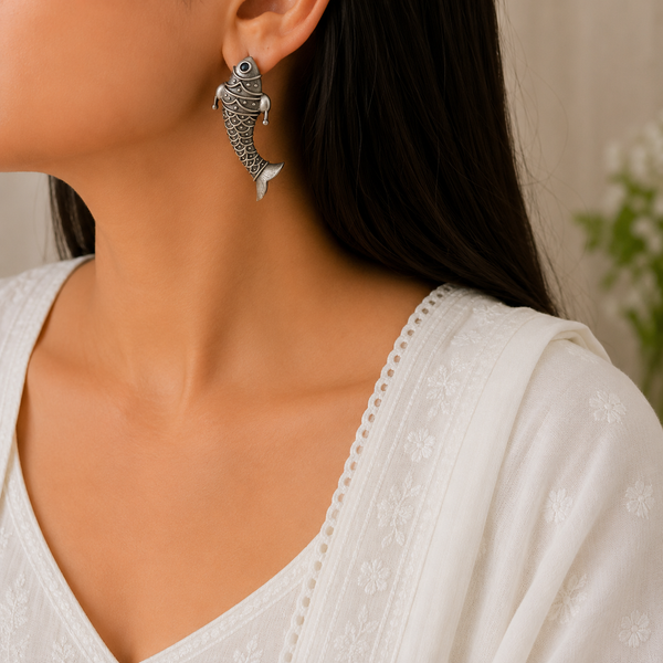 Fish Silver Look Alike Oxidised Earrings