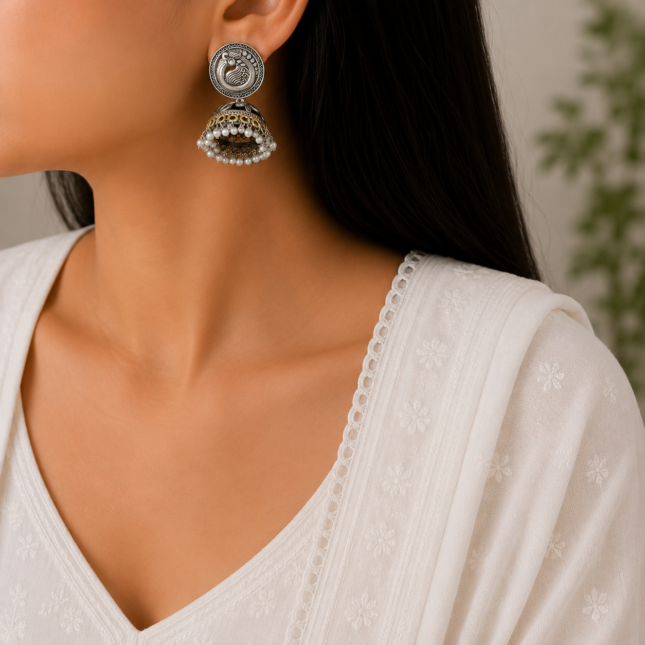 Pakhi Silver Look Alike Dual Tone Earrings With Jhumka