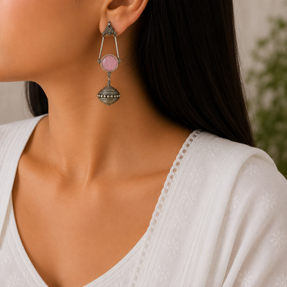 Viha Oxidised Light Pink Stone Earring