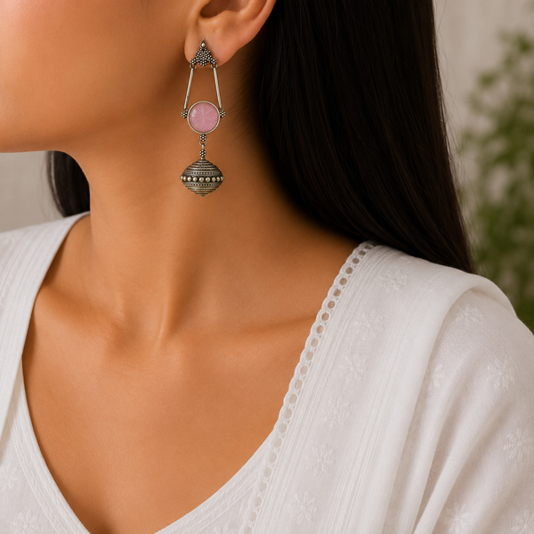 Viha Oxidised Light Pink Stone Earring