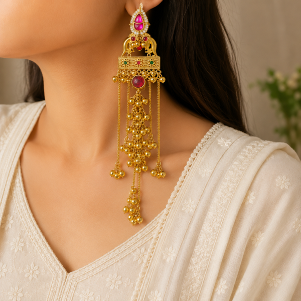 Griede Golden Touch Heavy Kashmiri Earrings For Women - Traditional Ethnic Long Earrings