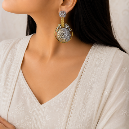 Diamond Silver Look Alike Dual Tone Stone Earringl