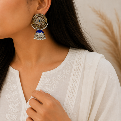 Darsh Silver Look Alike Stone Jhumka Earrings For Women