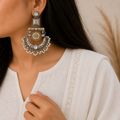 Chand Silver Look Alike Dual Tone Earrings