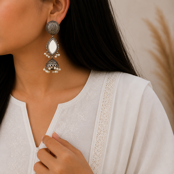 Mirror Silver Look Alike Oxidized Earrings With Jhumka For Garba