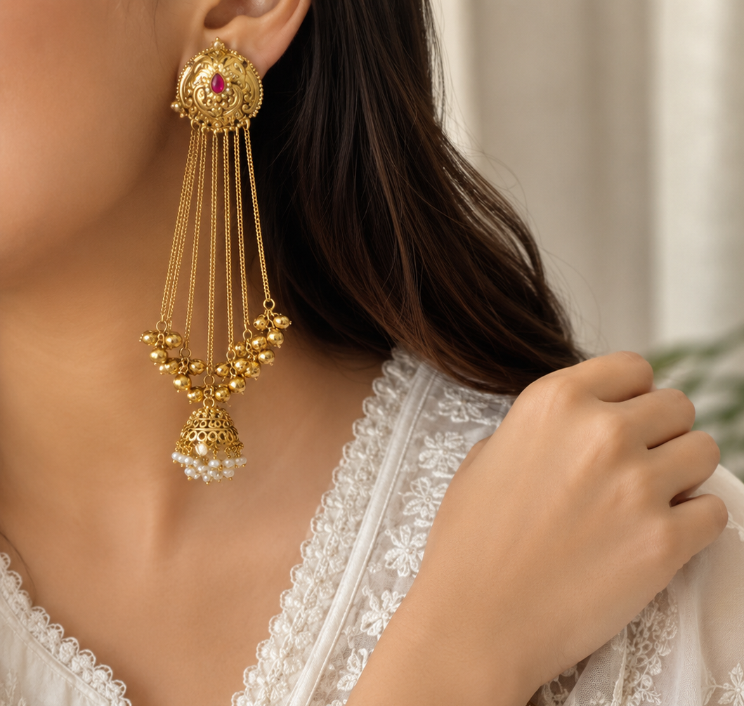 Raine Gold Kashmiri Earrings With Jhumka