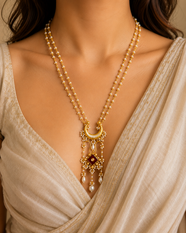 Crest Golden Long Necklace With Pearl