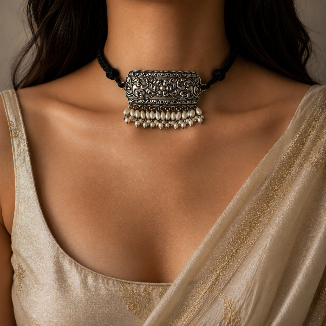 Thread Silver Look Alike Oxidized Choker Set