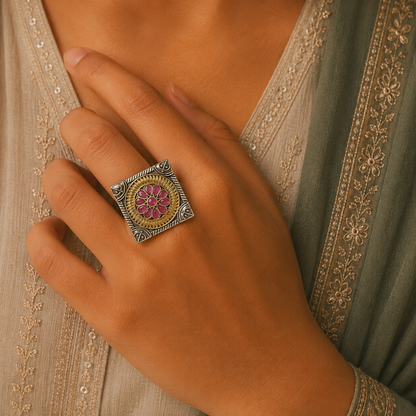 Glam Silver Look Alike Dual Tone Oxidized Rings For Navratri