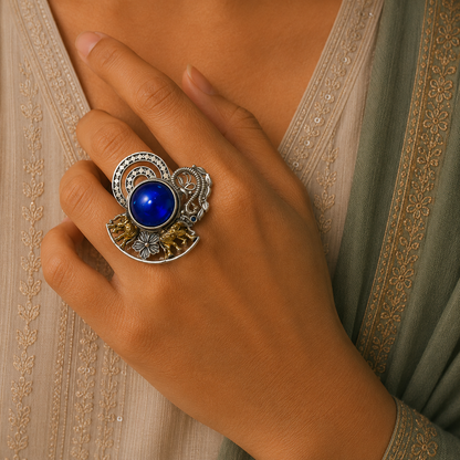 Maple Navratri Ethnic Silver Oxidised Adjustable Finger Ring For Women