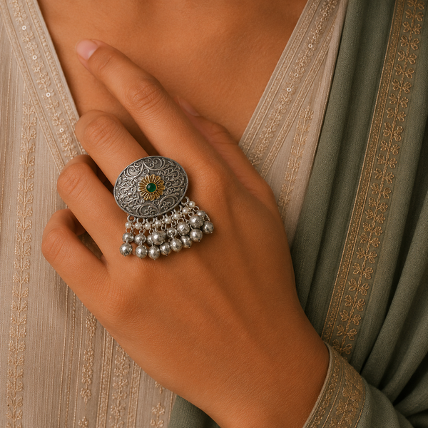Daisy Silver Look Alike Dual Tone Oxidised Navratri Ring