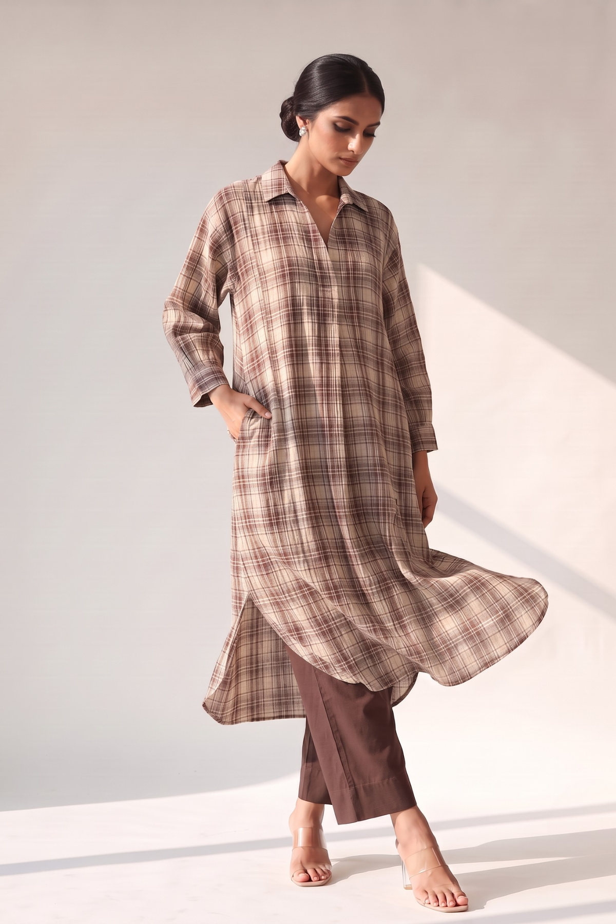 Chestnut Crinckled Checks Cotton Collar Box Pleat Kurta Mc