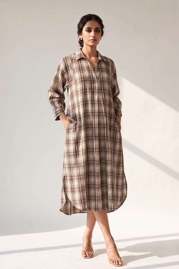 Chestnut Crinckled Checks Cotton Collar Box Pleat Kurta Mc