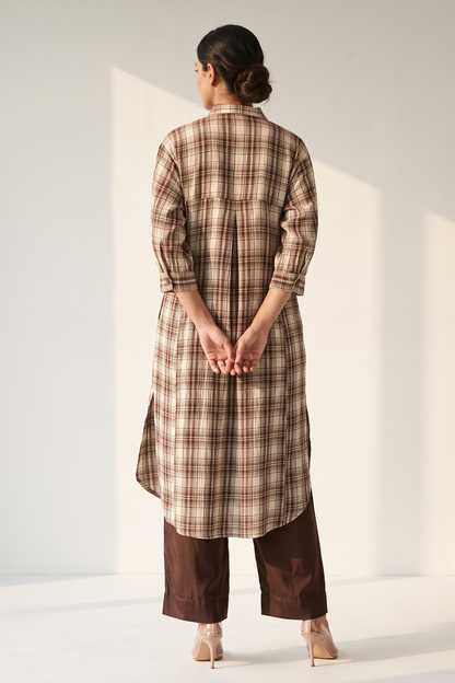 Chestnut Crinckled Checks Cotton Collar Box Pleat Kurta Mc
