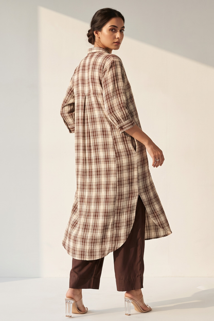 Chestnut Crinckled Checks Cotton Collar Box Pleat Kurta Mc