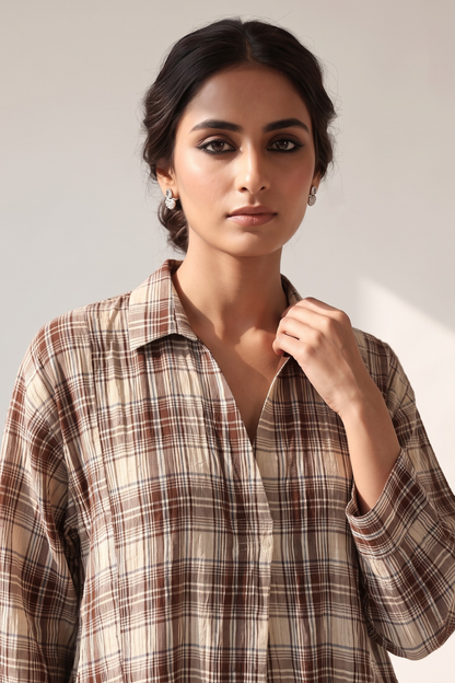 Chestnut Crinckled Checks Cotton Collar Box Pleat Kurta Mc