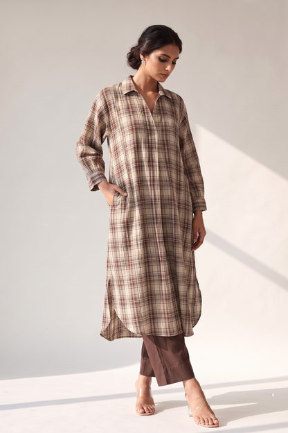 Chestnut Crinckled Checks Cotton Collar Box Pleat Kurta Mc
