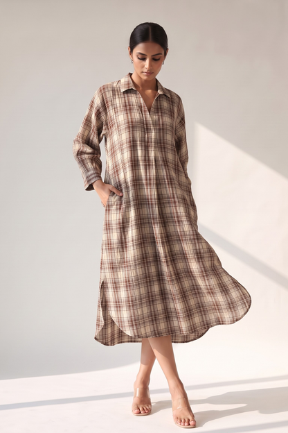 Chestnut Crinckled Checks Cotton Collar Box Pleat Kurta Mc