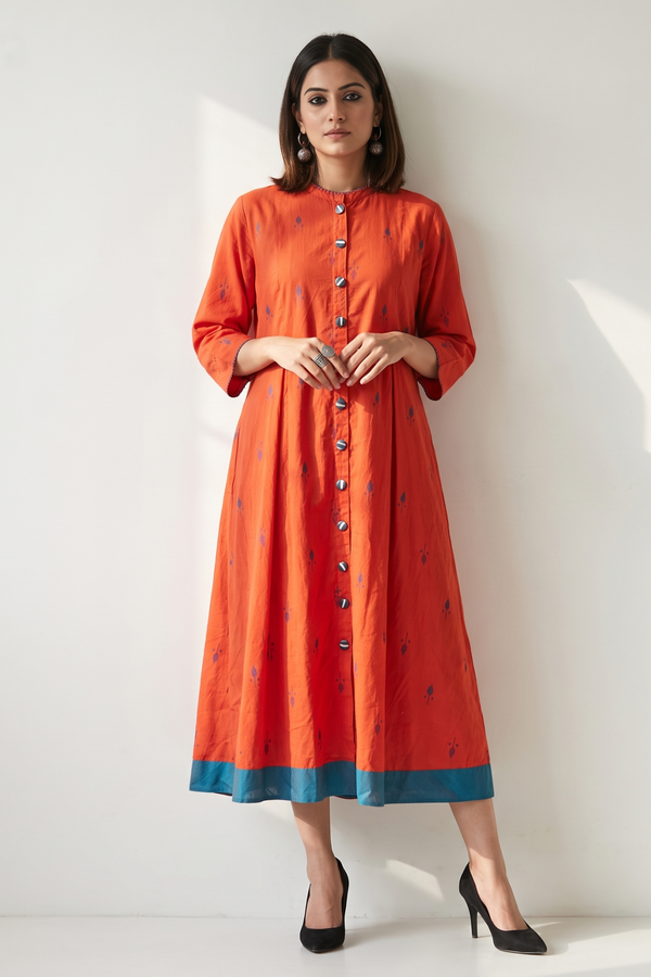 Mandarin Collar Citrus Leaf Butti Button Down Cotton  Dress Mc