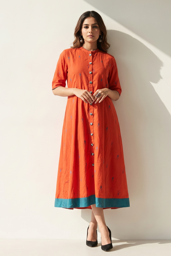 Mandarin Collar Citrus Leaf Butti Button Down Cotton  Dress Mc