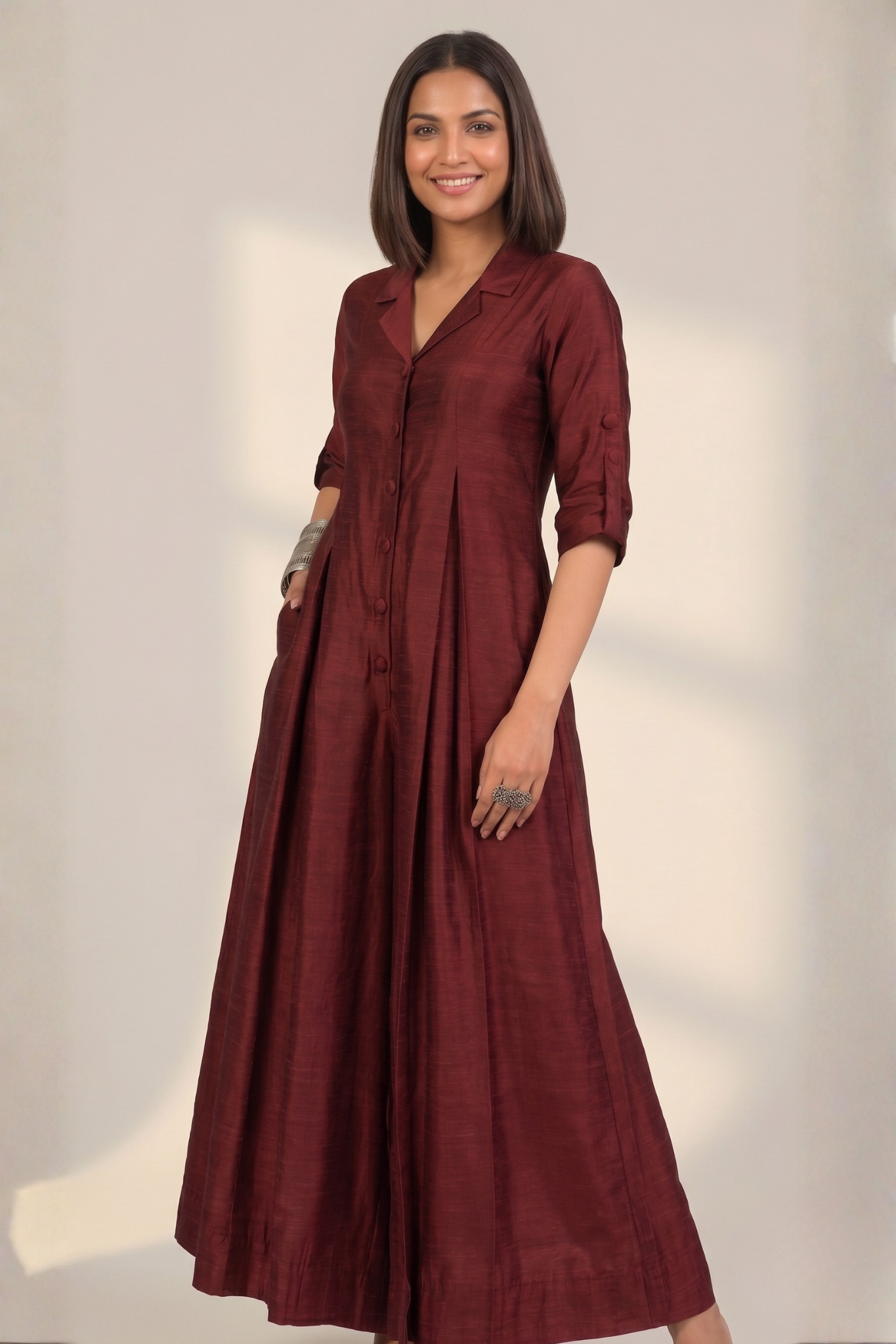 Clay Wine Silk Slub Jumpsuit With Pockets & Collar Mc