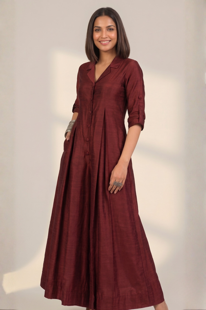 Clay Wine Silk Slub Jumpsuit With Pockets & Collar Mc