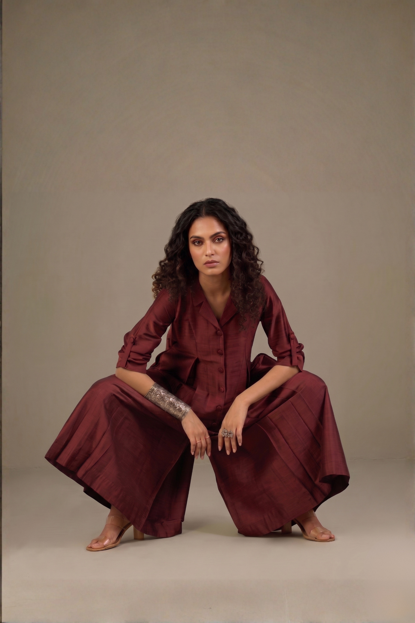 Clay Wine Silk Slub Jumpsuit With Pockets & Collar Mc