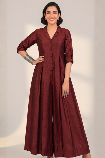 Clay Wine Silk Slub Jumpsuit With Pockets & Collar Mc