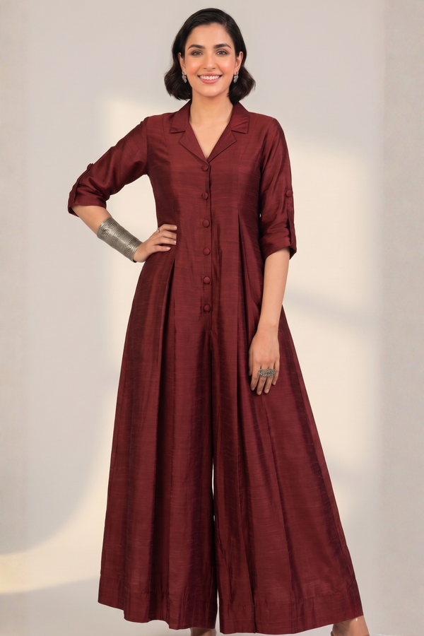 Clay Wine Silk Slub Jumpsuit With Pockets & Collar Mc