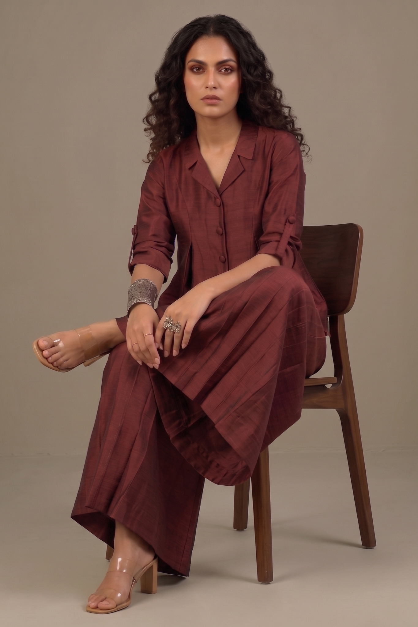 Clay Wine Silk Slub Jumpsuit With Pockets & Collar Mc