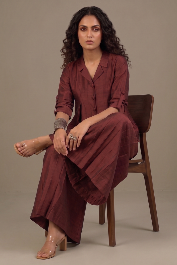 Clay Wine Silk Slub Jumpsuit With Pockets & Collar Mc