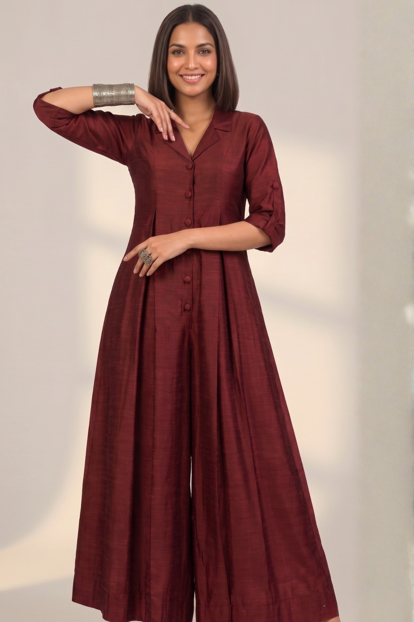 Clay Wine Silk Slub Jumpsuit With Pockets & Collar Mc