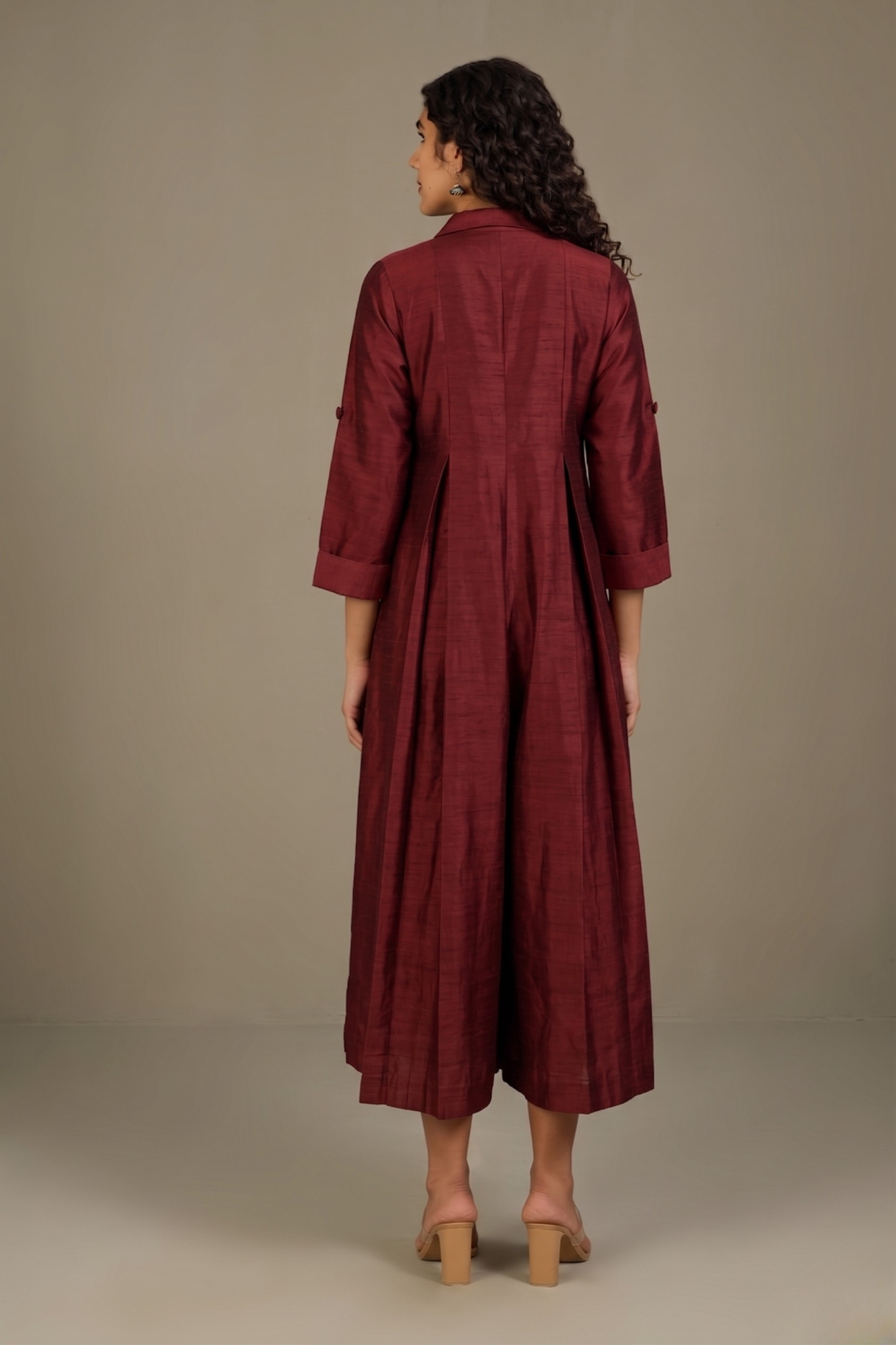 Clay Wine Silk Slub Jumpsuit With Pockets & Collar Mc