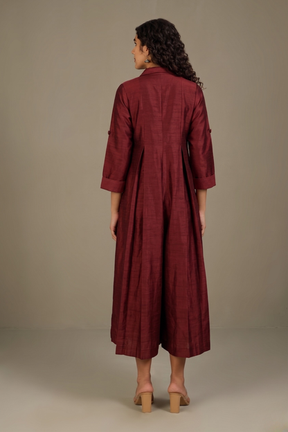 Clay Wine Silk Slub Jumpsuit With Pockets & Collar Mc
