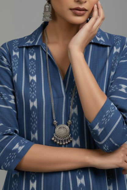 Maati Co-Ord Set Denim Dream Cotton Collar Box Pleat Kurta