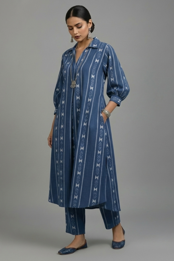 Maati Co-Ord Set Denim Dream Cotton Collar Box Pleat Kurta