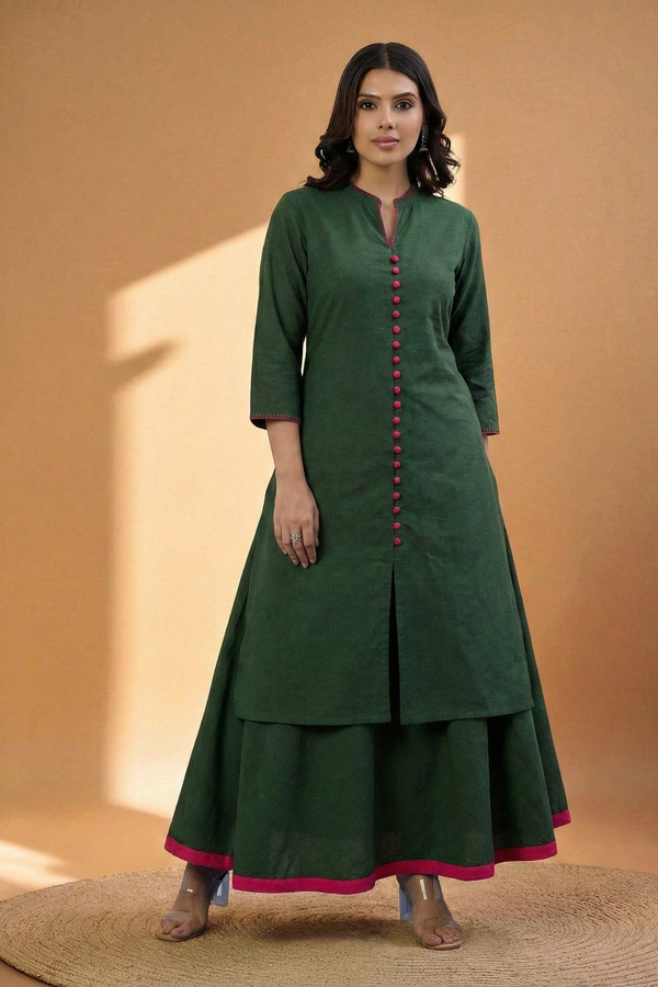 Co-ord Set Forest Green Cotton Button Down Kurta with Flared Skirt