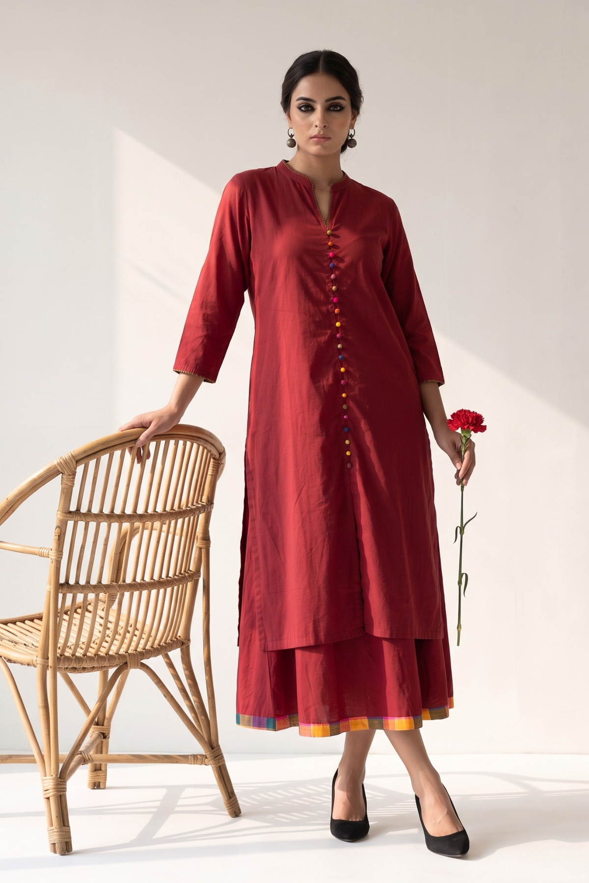 Co Ord Set Crimson Cotton Classic Button Down Kurta Top With Flared Skirt Mc
