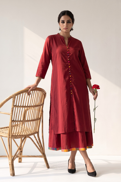 Co Ord Set Crimson Cotton Classic Button Down Kurta Top With Flared Skirt Mc