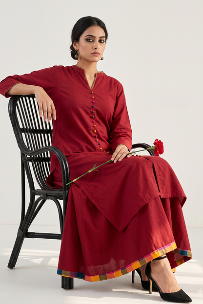Co Ord Set Crimson Cotton Classic Button Down Kurta Top With Flared Skirt Mc