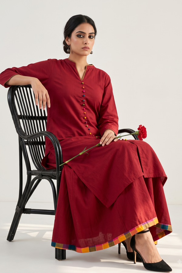 Co Ord Set Crimson Cotton Classic Button Down Kurta Top With Flared Skirt Mc