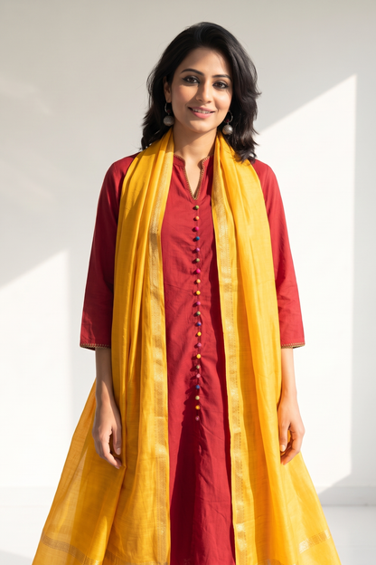 Co Ord Set Crimson Cotton Classic Button Down Kurta Top With Flared Skirt Mc