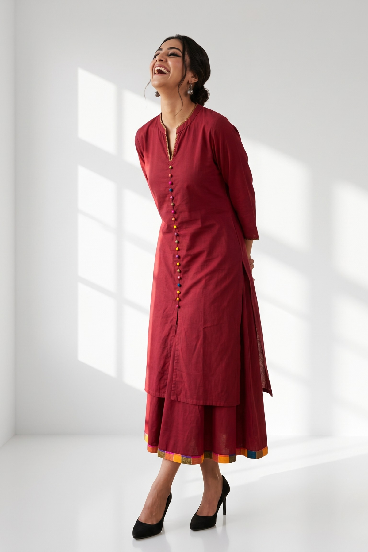 Co Ord Set Crimson Cotton Classic Button Down Kurta Top With Flared Skirt Mc