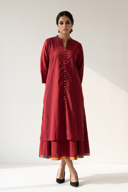 Co Ord Set Crimson Cotton Classic Button Down Kurta Top With Flared Skirt Mc