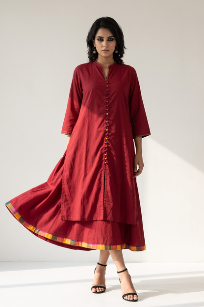 Co Ord Set Crimson Cotton Classic Button Down Kurta Top With Flared Skirt Mc