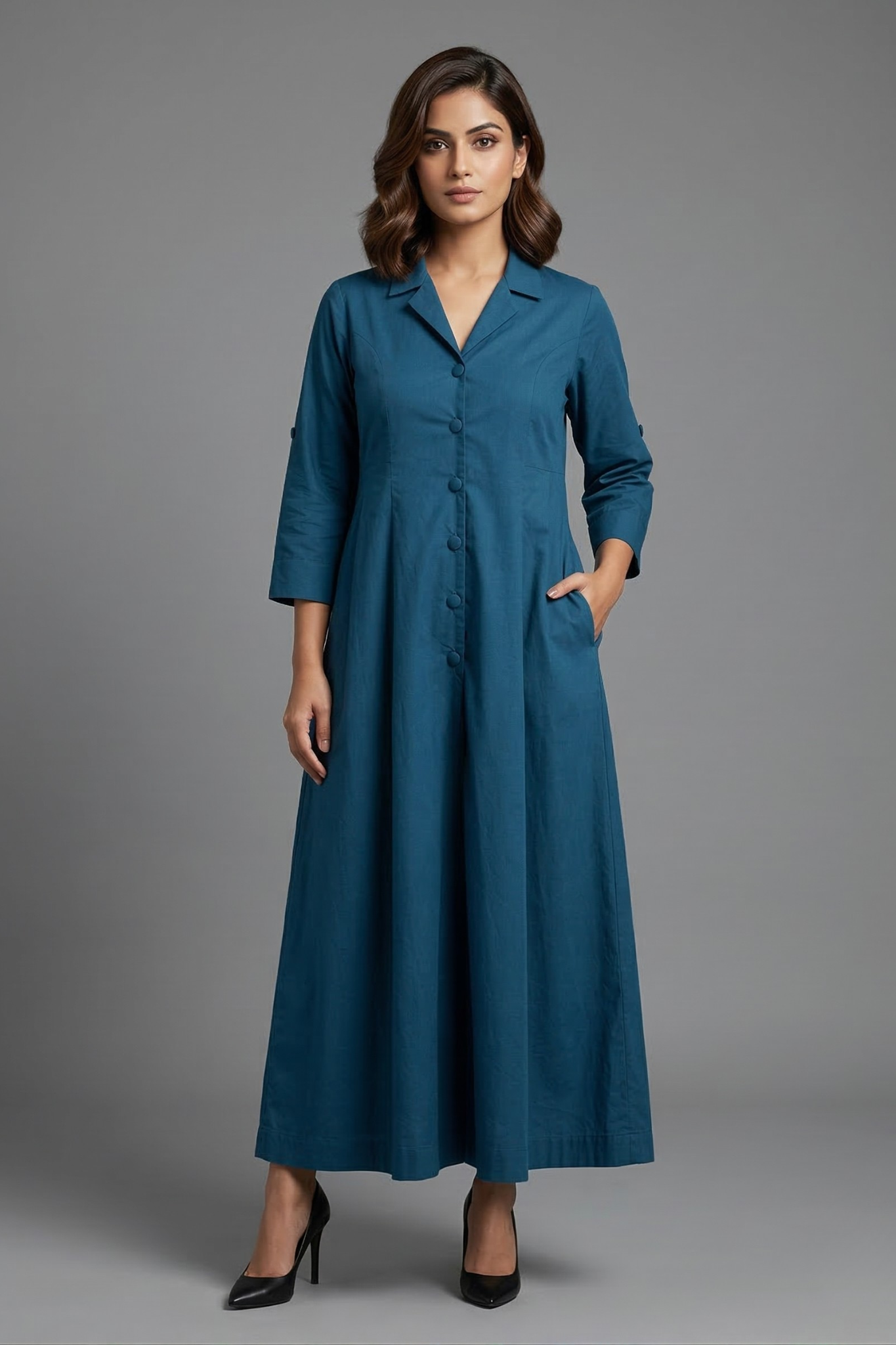 Cobalt Depths Poplin Jumpsuit With Pockets & Collar Mc