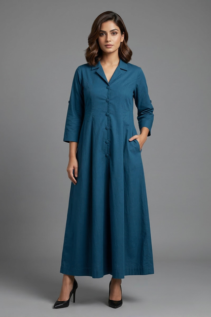 Cobalt Depths Poplin Jumpsuit With Pockets & Collar Mc