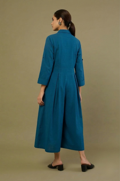 Cobalt Depths Poplin Jumpsuit With Pockets & Collar Mc