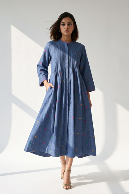 Cobalt Mosaic Cotton Infinity Pintuck Dress Mc