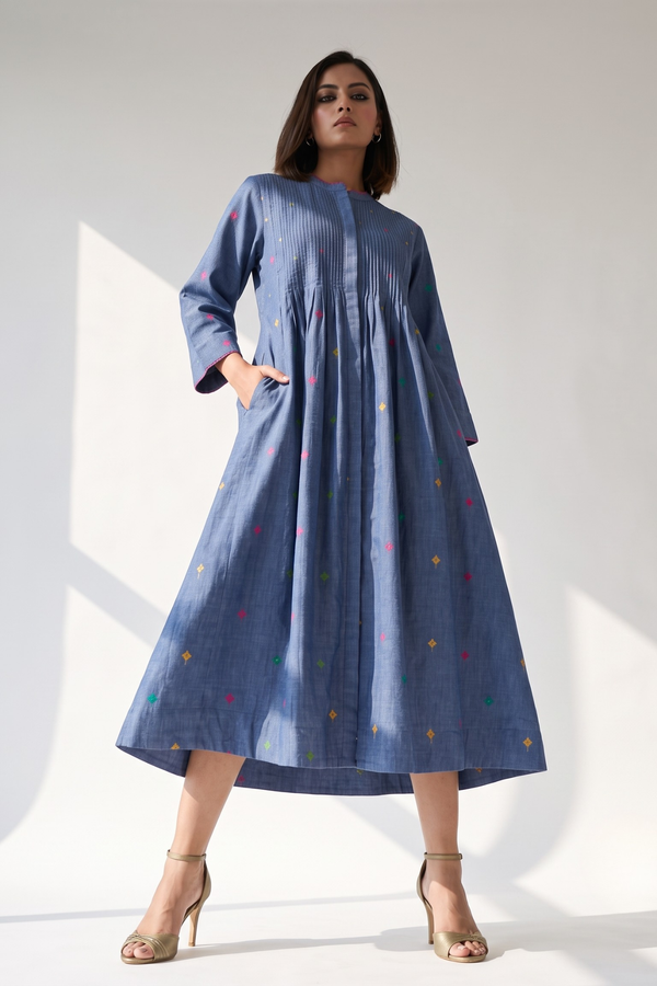 Cobalt Mosaic Cotton Infinity Pintuck Dress Mc